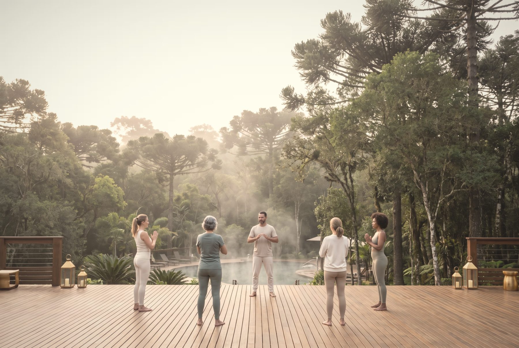 Pequeno grupo em movimento suave, de frente para a floresta